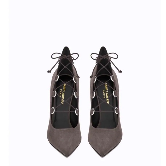 Saint Laurent Paris YSL Road Gray 105 Lace Up Pumps 38 1/2 NIB - Picture 1 of 6